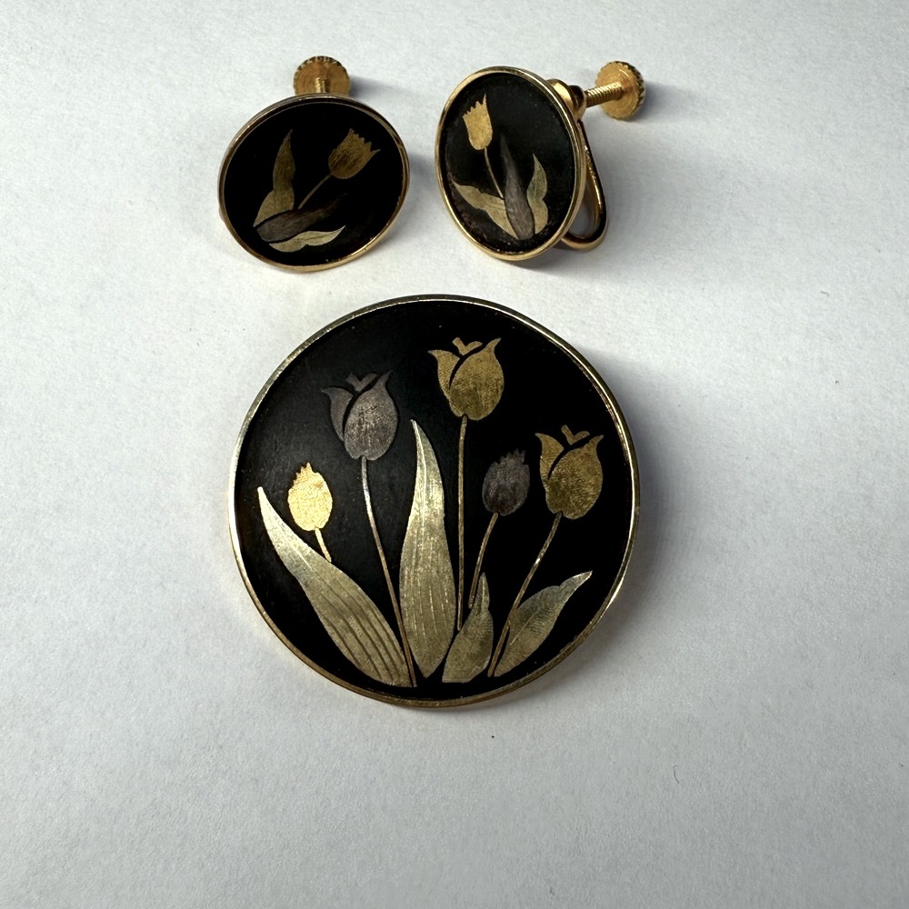 Japanese Damascene Brooch Set